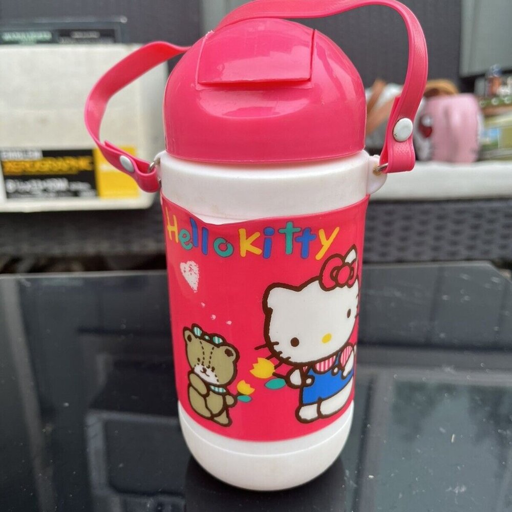 Vintage 80s Sanrio Hello Kitty Pop Up Straw Water Bottle Pink With Strap Cup